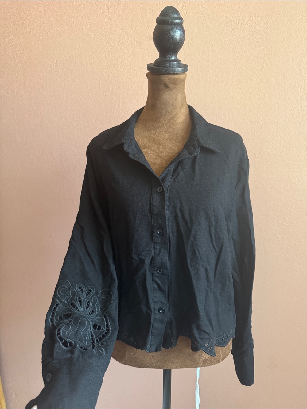 Ellen Tracy Black Button-Front Shirt with Eyelet Sleeve Detail